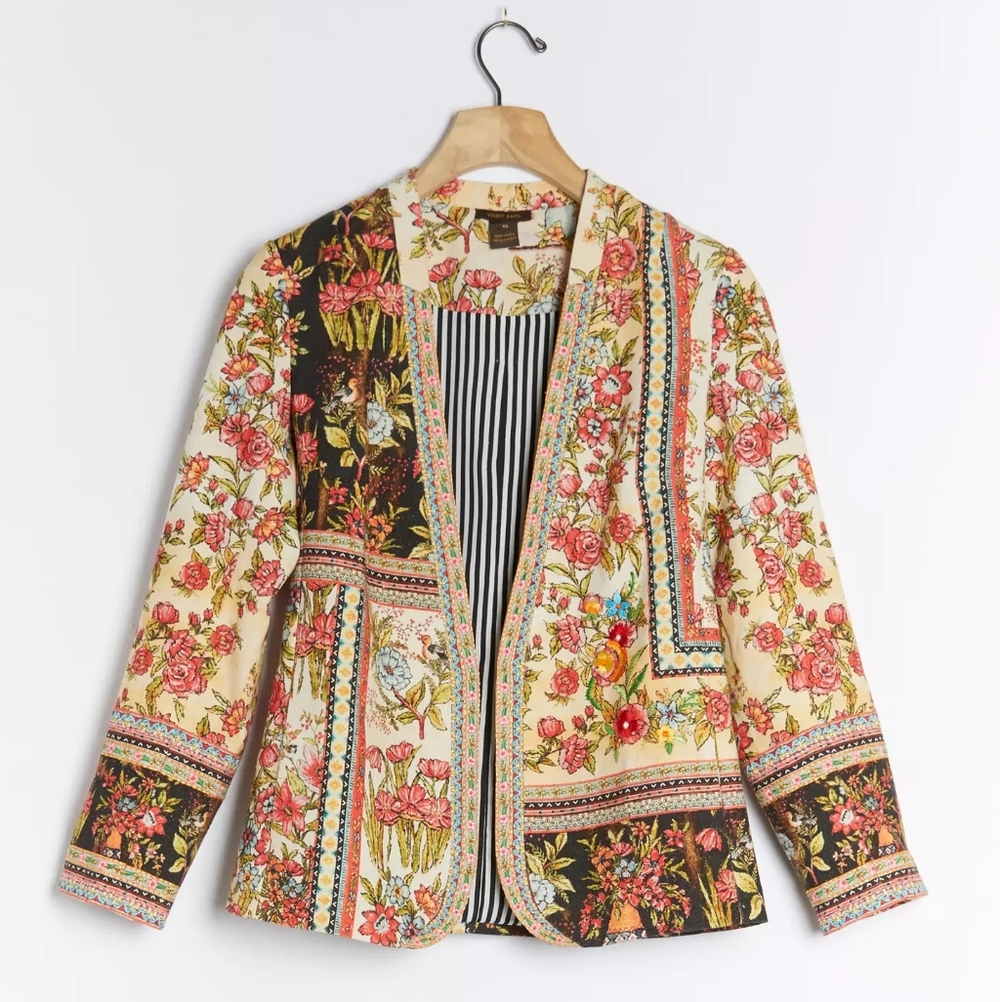 Vineet Bahl Anthropologie Floral Lula Blazer Open Front Small Cotton Linen